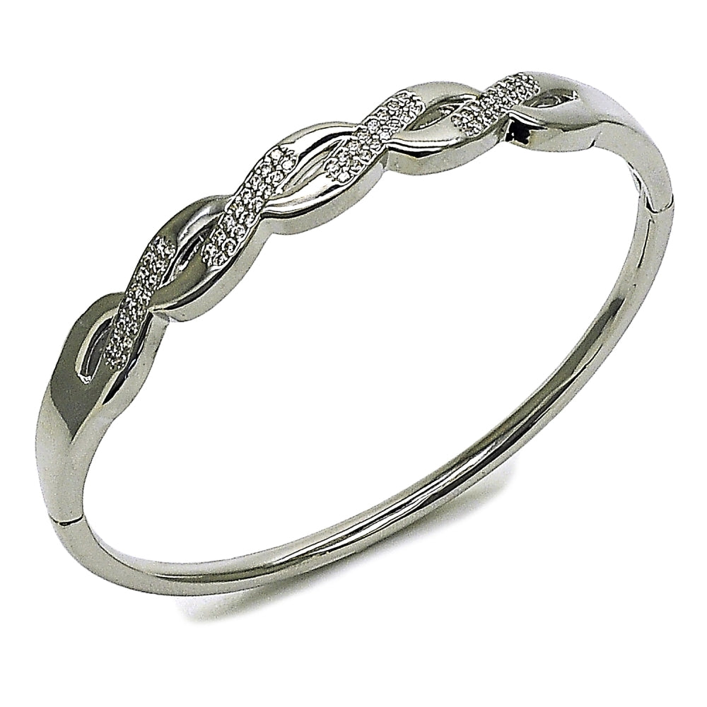 Rhodium Gold Filled Individual Bangle, Twist Design, with White Micro Pave, Polished, Rhodium Finish