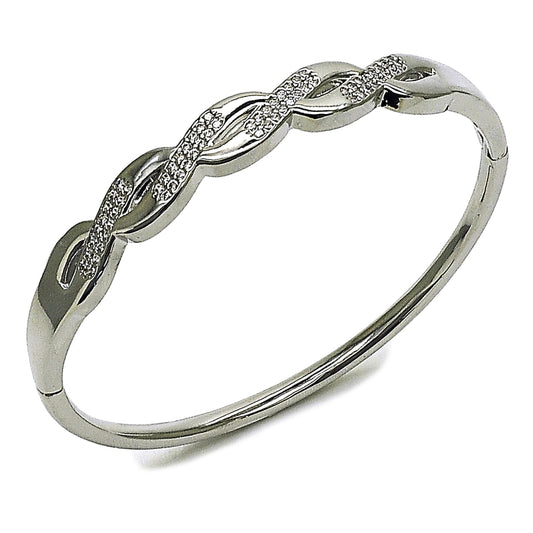 Rhodium Gold Filled Individual Bangle, Twist Design, with White Micro Pave, Polished, Rhodium Finish