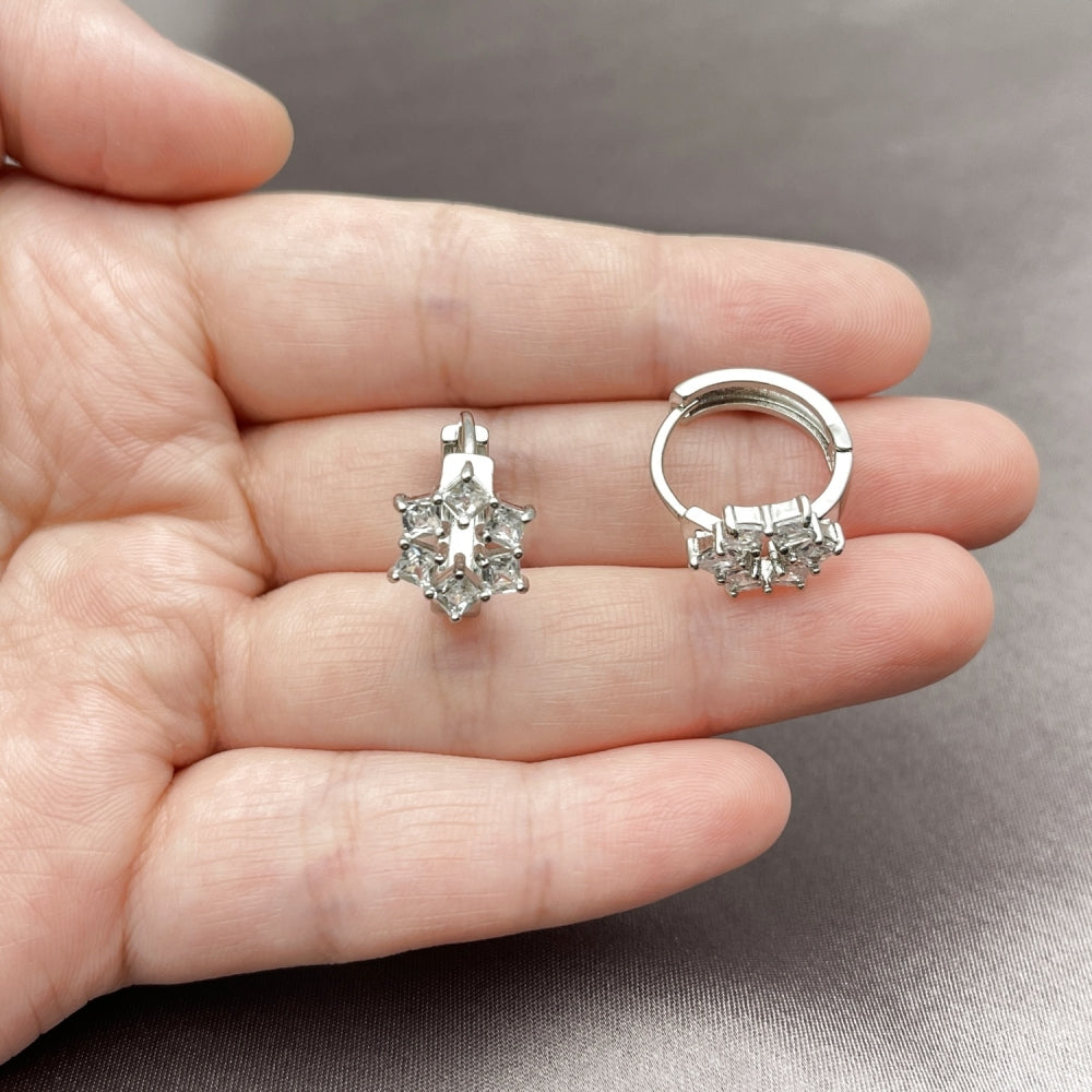 White Gold Filled Huggie Hoop, Cluster Design, with White Cubic Zirconia, Polished, Rhodium Finish