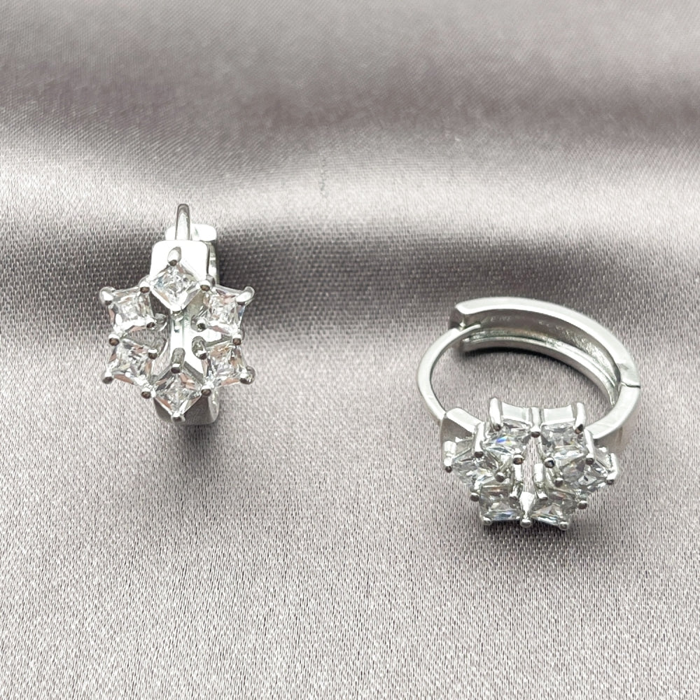 White Gold Filled Huggie Hoop, Cluster Design, with White Cubic Zirconia, Polished, Rhodium Finish