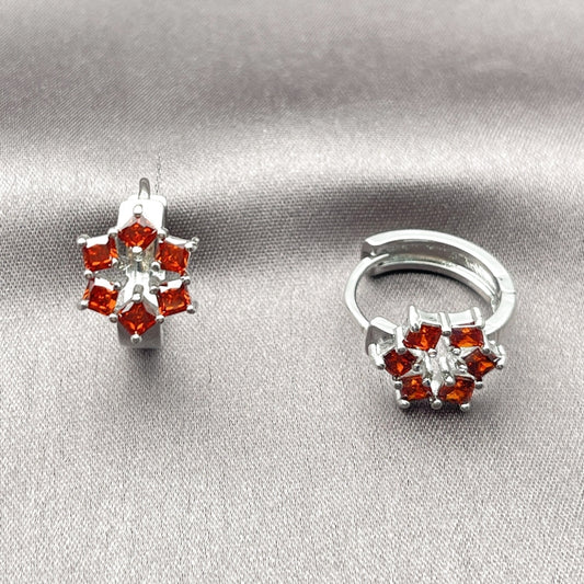 Rhodium Gold Filled Huggie Hoop, Cluster Design, with Garnet Cubic Zirconia, Polished, Rhodium Finish