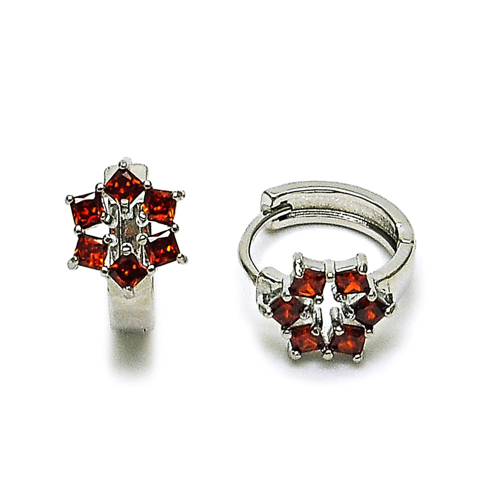 Rhodium Gold Filled Huggie Hoop, Cluster Design, with Garnet Cubic Zirconia, Polished, Rhodium Finish