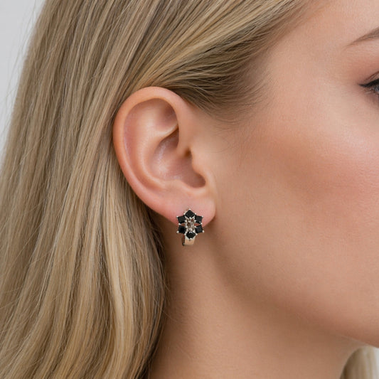 Rhodium Gold Filled Huggie Hoop, Cluster Design, with Black Cubic Zirconia, Polished, Rhodium Finish