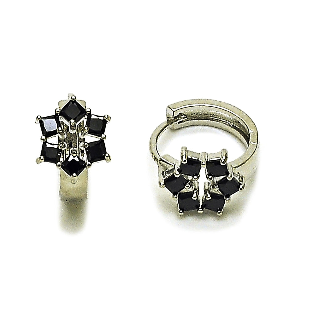 Rhodium Gold Filled Huggie Hoop, Cluster Design, with Black Cubic Zirconia, Polished, Rhodium Finish
