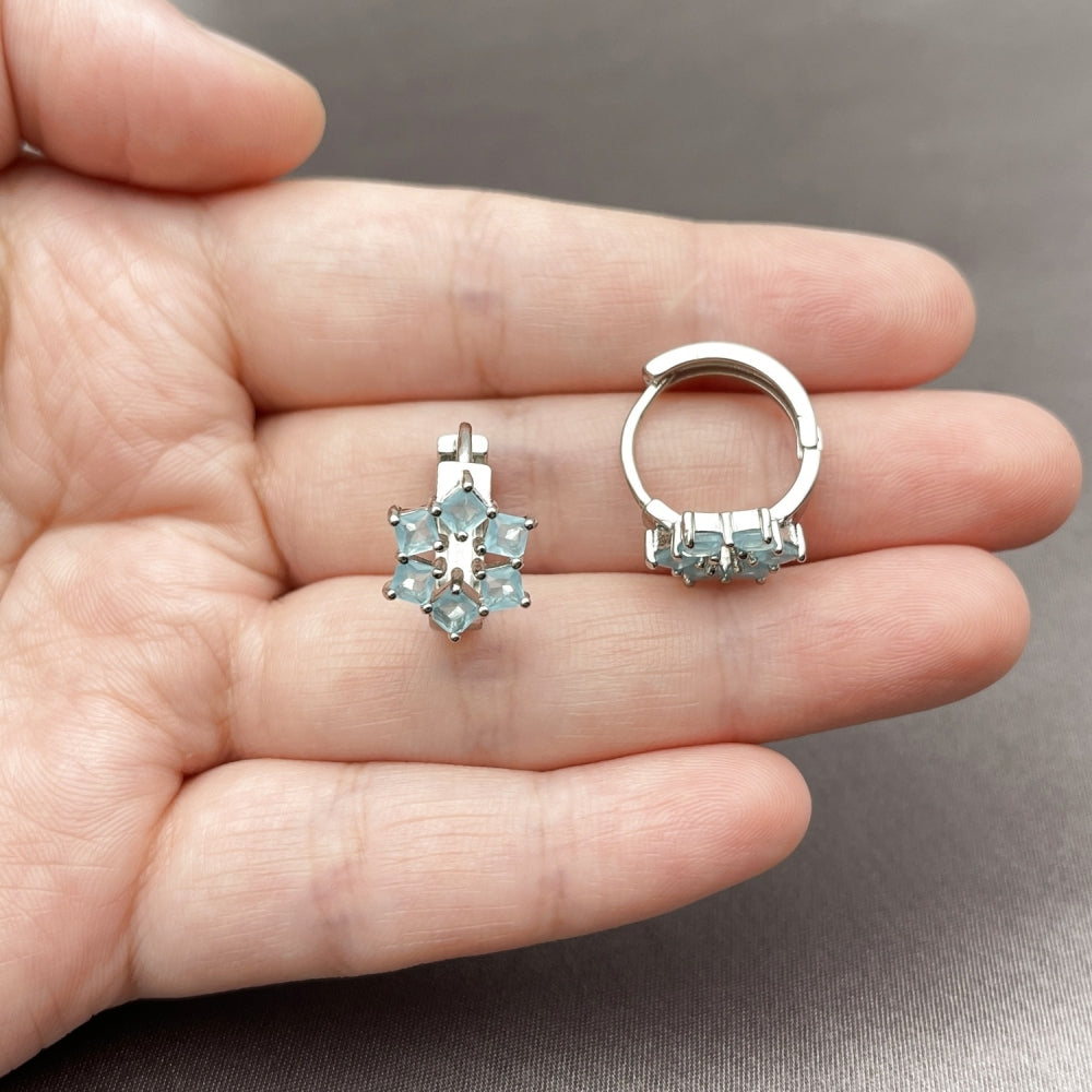 White Gold Filled Huggie Hoop, Cluster Design, with Light Turquoise Cubic Zirconia, Polished, Rhodium Finish