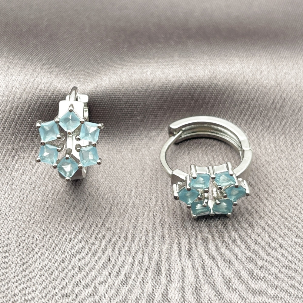 White Gold Filled Huggie Hoop, Cluster Design, with Light Turquoise Cubic Zirconia, Polished, Rhodium Finish