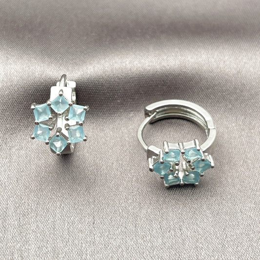 Rhodium Gold Filled Huggie Hoop, Cluster Design, with Light Turquoise Cubic Zirconia, Polished, Rhodium Finish
