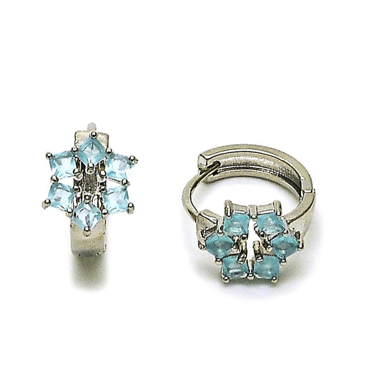 Rhodium Gold Filled Huggie Hoop, Cluster Design, with Light Turquoise Cubic Zirconia, Polished, Rhodium Finish