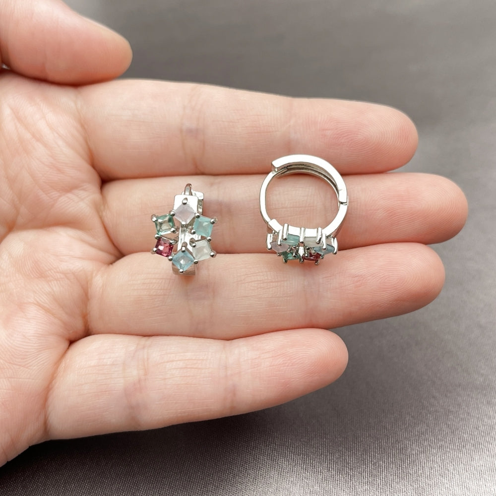 White Gold Filled Huggie Hoop, Cluster Design, with Multicolor Cubic Zirconia, Polished, Rhodium Finish