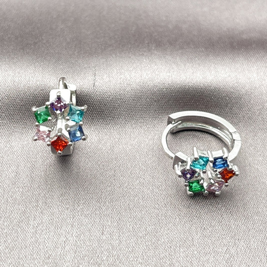 Rhodium Gold Filled Huggie Hoop, Cluster Design, with Multicolor Cubic Zirconia, Polished, Rhodium Finish