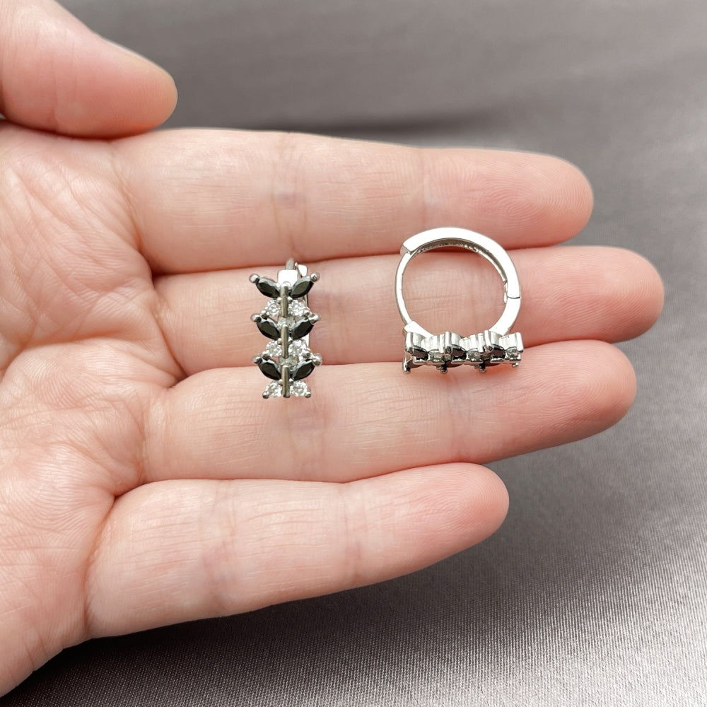 White Gold Filled Huggie Hoop, Butterfly Design, with Black and White Cubic Zirconia, Polished, Rhodium Finish