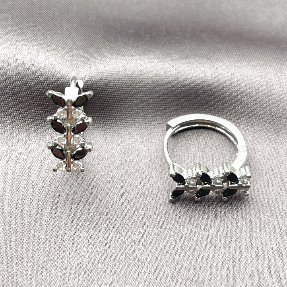 White Gold Filled Huggie Hoop, Butterfly Design, with Black and White Cubic Zirconia, Polished, Rhodium Finish