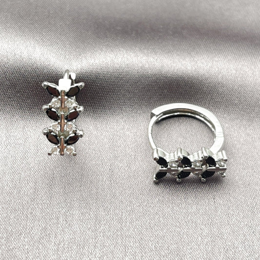Rhodium Gold Filled Huggie Hoop, Butterfly Design, with Black and White Cubic Zirconia, Polished, Rhodium Finish