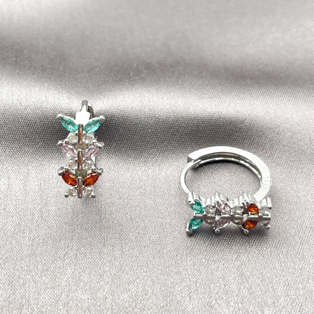 White Gold Filled Huggie Hoop, Butterfly Design, with Multicolor Cubic Zirconia, Polished, Rhodium Finish