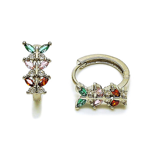 Rhodium Gold Filled Huggie Hoop, Butterfly Design, with Multicolor Cubic Zirconia, Polished, Rhodium Finish