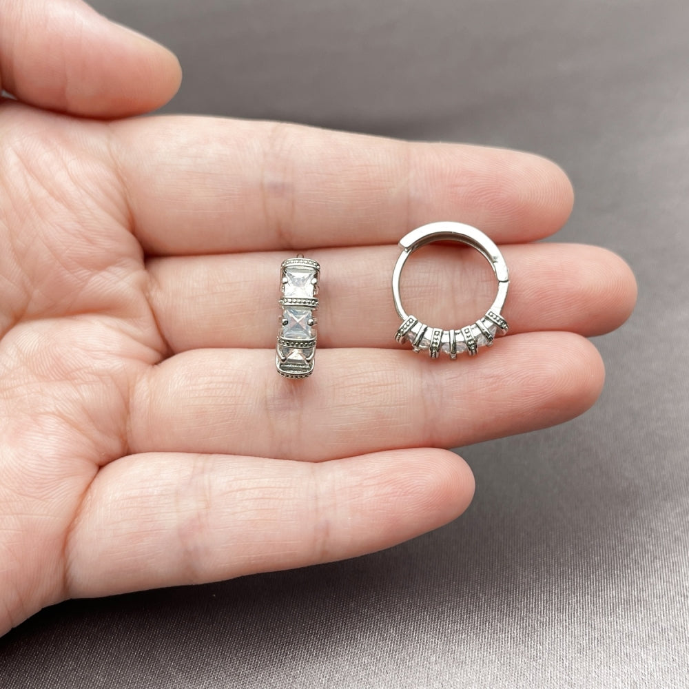 White Gold Filled Huggie Hoop, with White Cubic Zirconia, Polished, Rhodium Finish