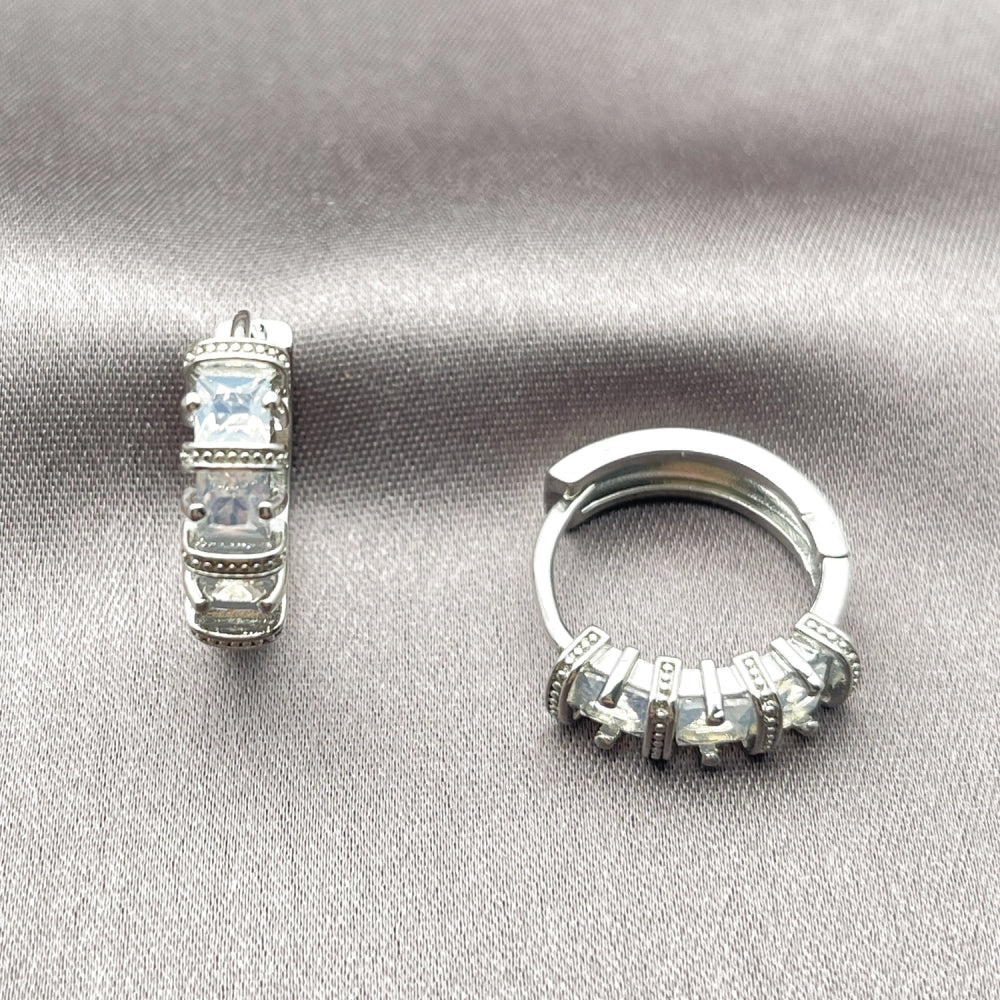 White Gold Filled Huggie Hoop, with White Cubic Zirconia, Polished, Rhodium Finish