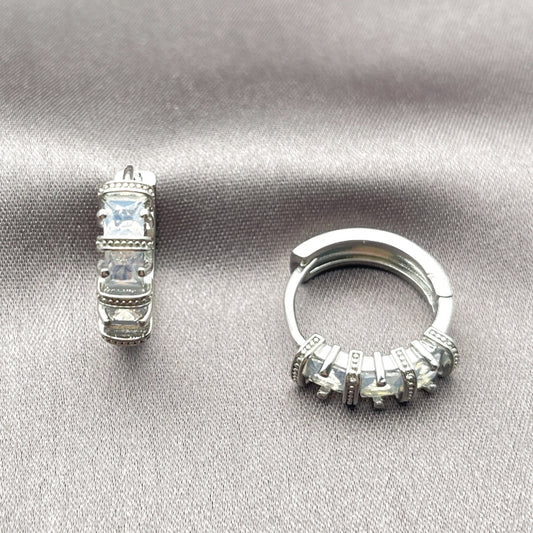 Rhodium Gold Filled Huggie Hoop, with White Cubic Zirconia, Polished, Rhodium Finish