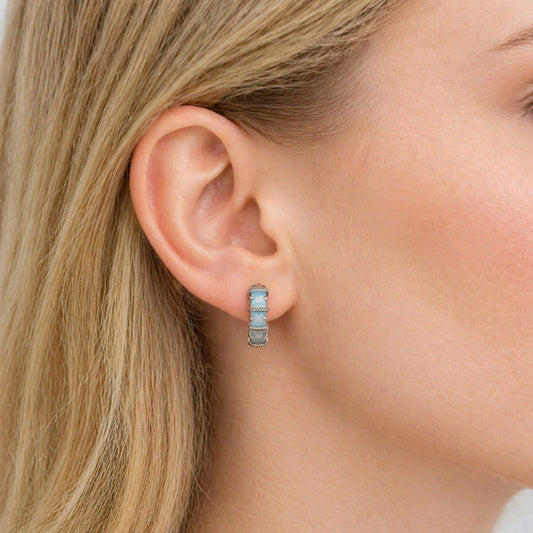Rhodium Gold Filled Huggie Hoop, with Light Turquoise Cubic Zirconia, Polished, Rhodium Finish