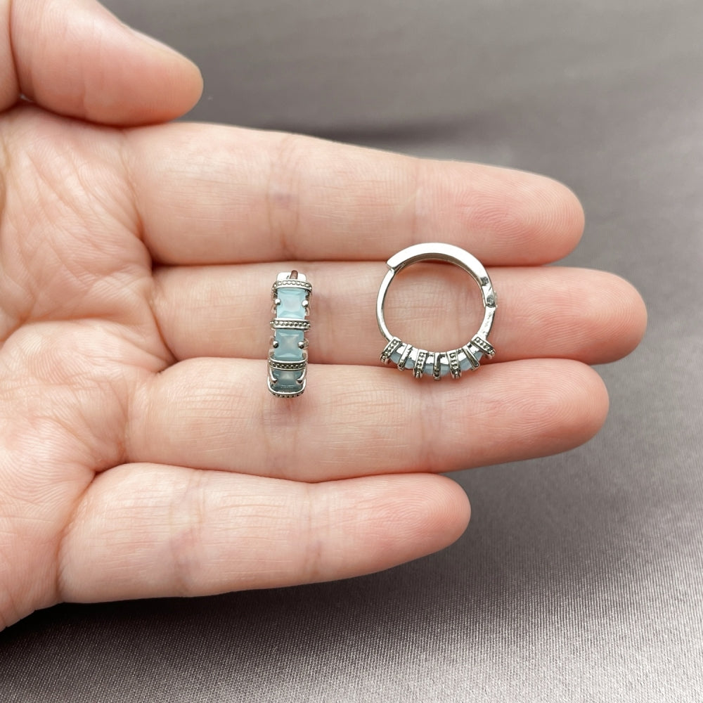 White Gold Filled Huggie Hoop, with Light Turquoise Cubic Zirconia, Polished, Rhodium Finish