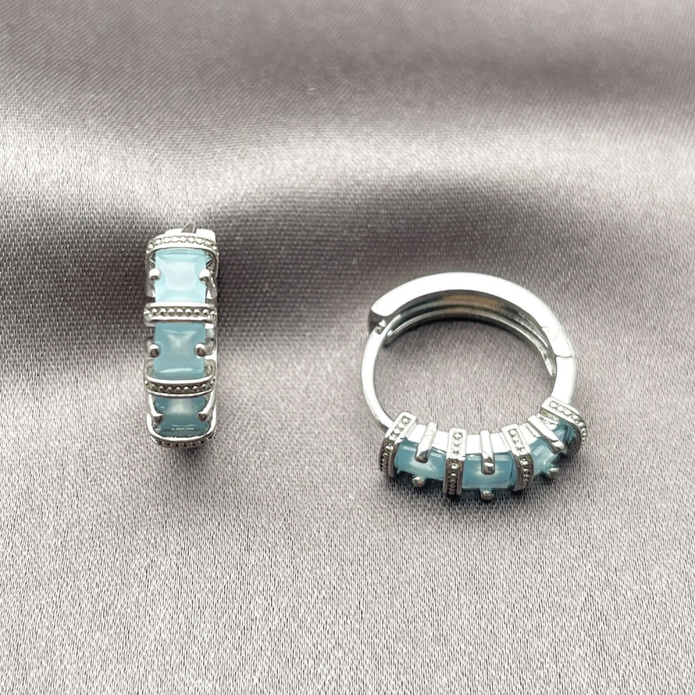 White Gold Filled Huggie Hoop, with Light Turquoise Cubic Zirconia, Polished, Rhodium Finish