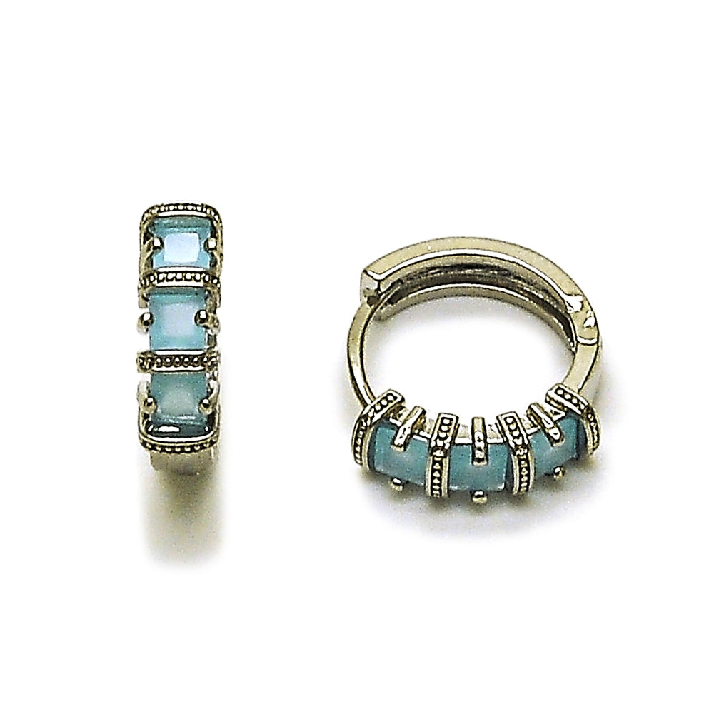 Rhodium Gold Filled Huggie Hoop, with Light Turquoise Cubic Zirconia, Polished, Rhodium Finish