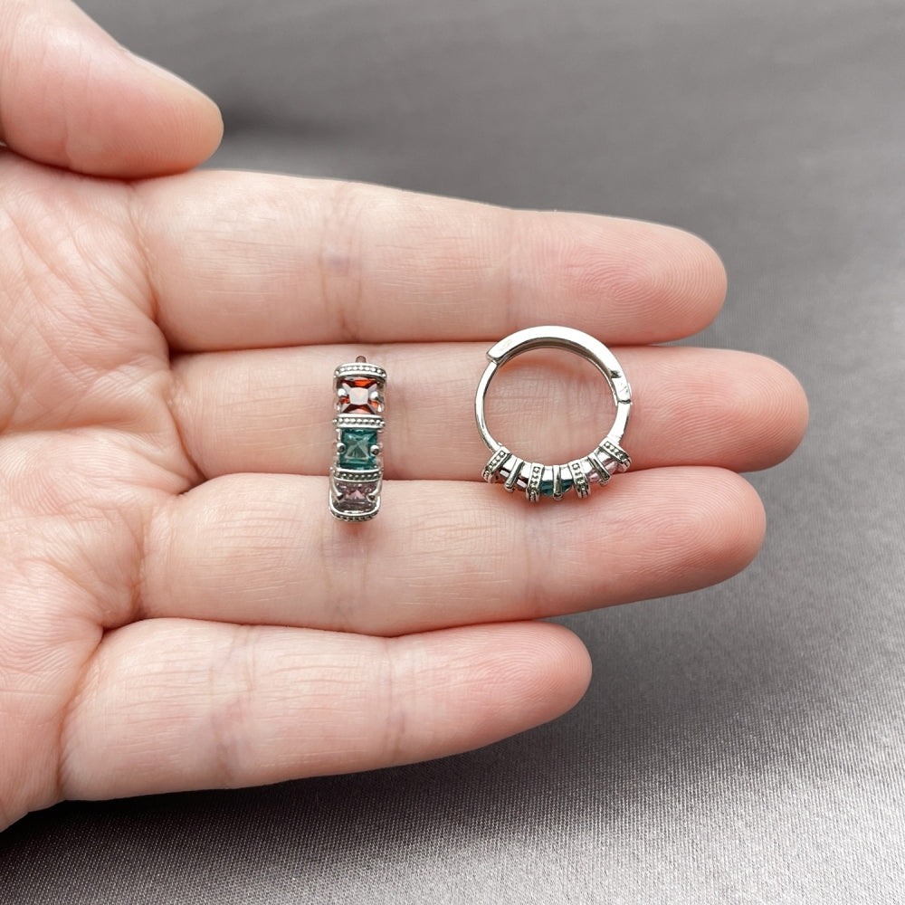 White Gold Filled Huggie Hoop, with Multicolor Cubic Zirconia, Polished, Rhodium Finish