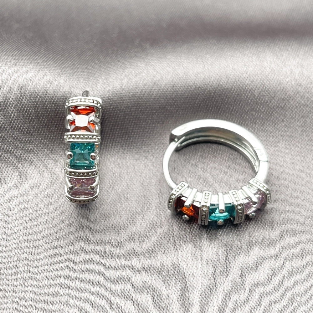 White Gold Filled Huggie Hoop, with Multicolor Cubic Zirconia, Polished, Rhodium Finish