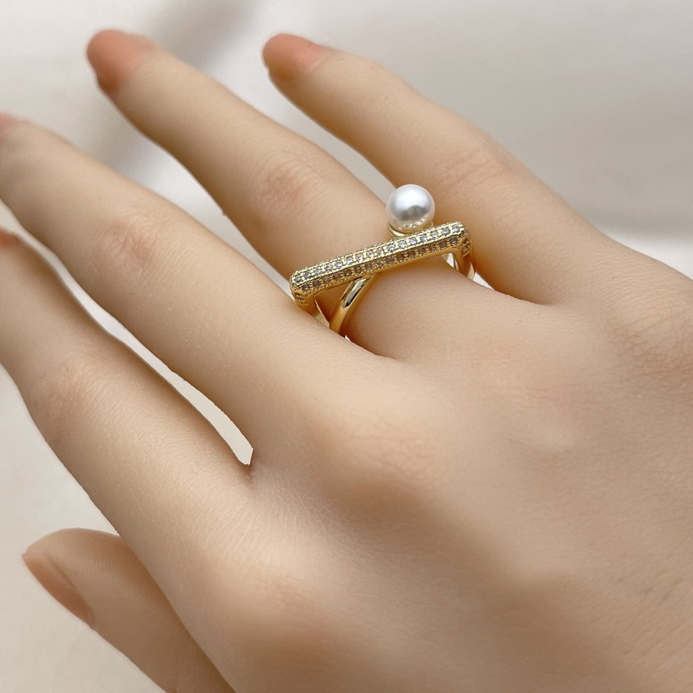 Oro Laminado Multi Stone Ring, Gold Filled Style Ball Design, with White Micro Pave and Ivory Pearl, Polished, Golden Finish