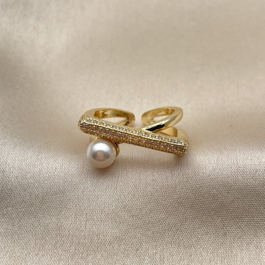Oro Laminado Multi Stone Ring, Gold Filled Style Ball Design, with White Micro Pave and Ivory Pearl, Polished, Golden Finish