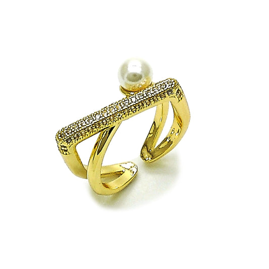Oro Laminado Multi Stone Ring, Gold Filled Style Ball Design, with White Micro Pave and Ivory Pearl, Polished, Golden Finish