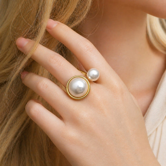 Oro Laminado Multi Stone Ring, Gold Filled Style Ball Design, with Ivory Pearl, Polished, Golden Finish