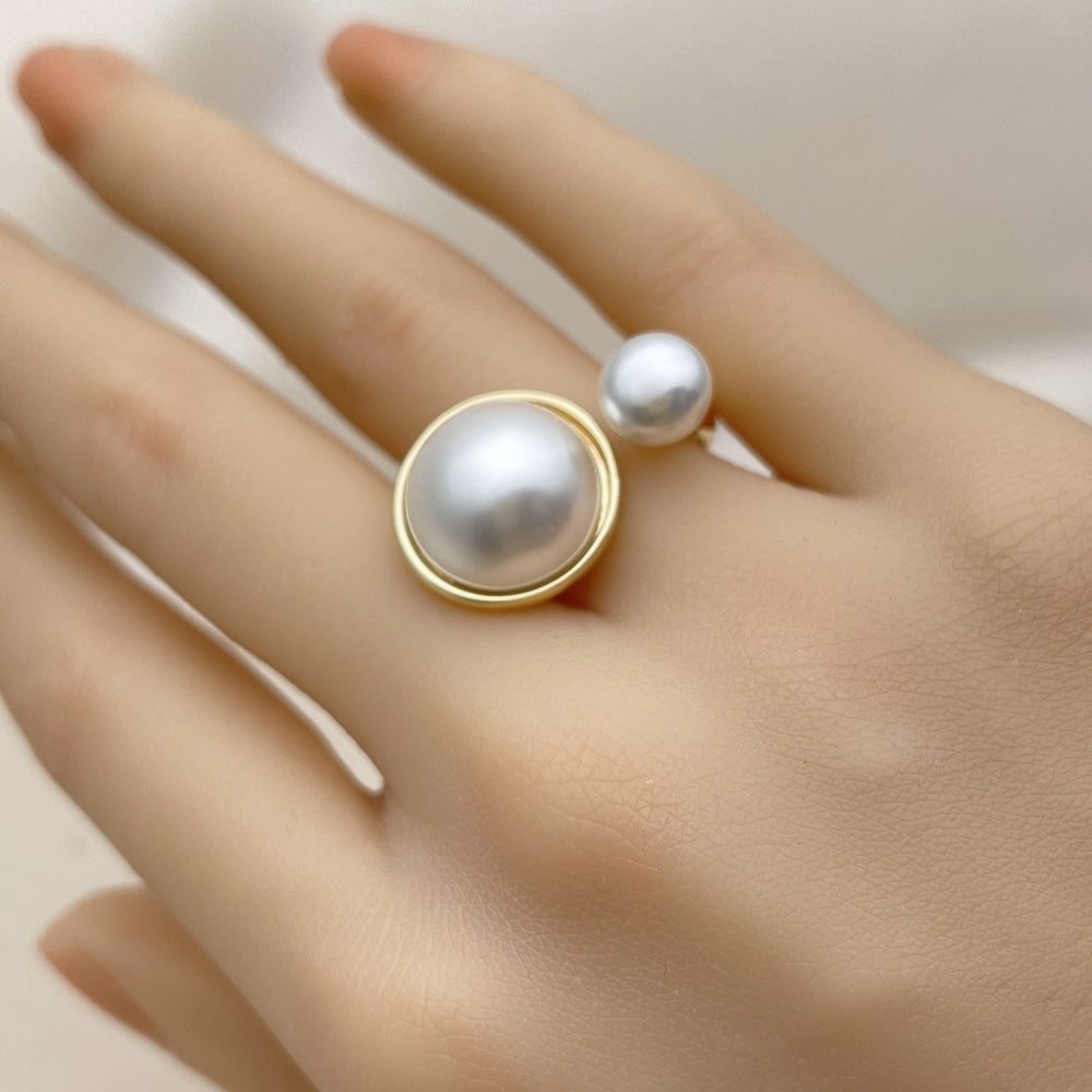 Oro Laminado Multi Stone Ring, Gold Filled Style Ball Design, with Ivory Pearl, Polished, Golden Finish