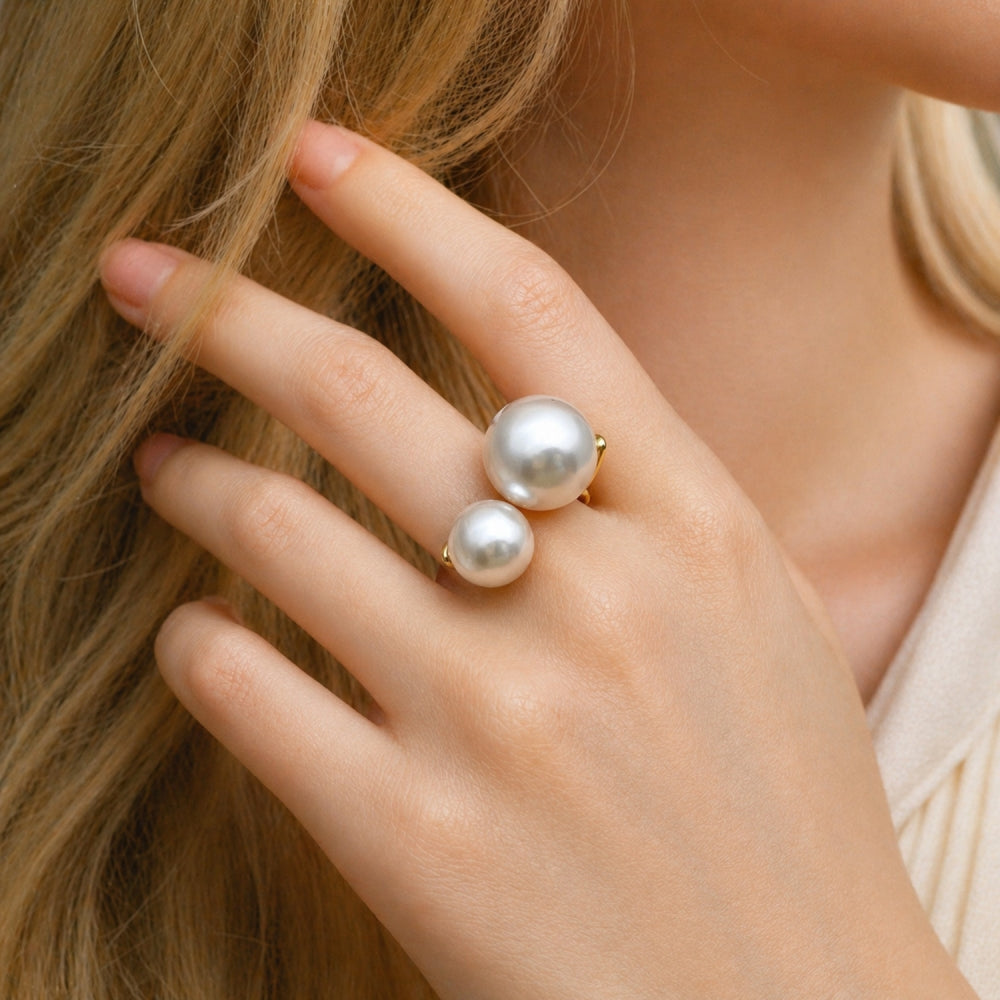 Oro Laminado Multi Stone Ring, Gold Filled Style Ball Design, with Ivory Pearl, Polished, Golden Finish