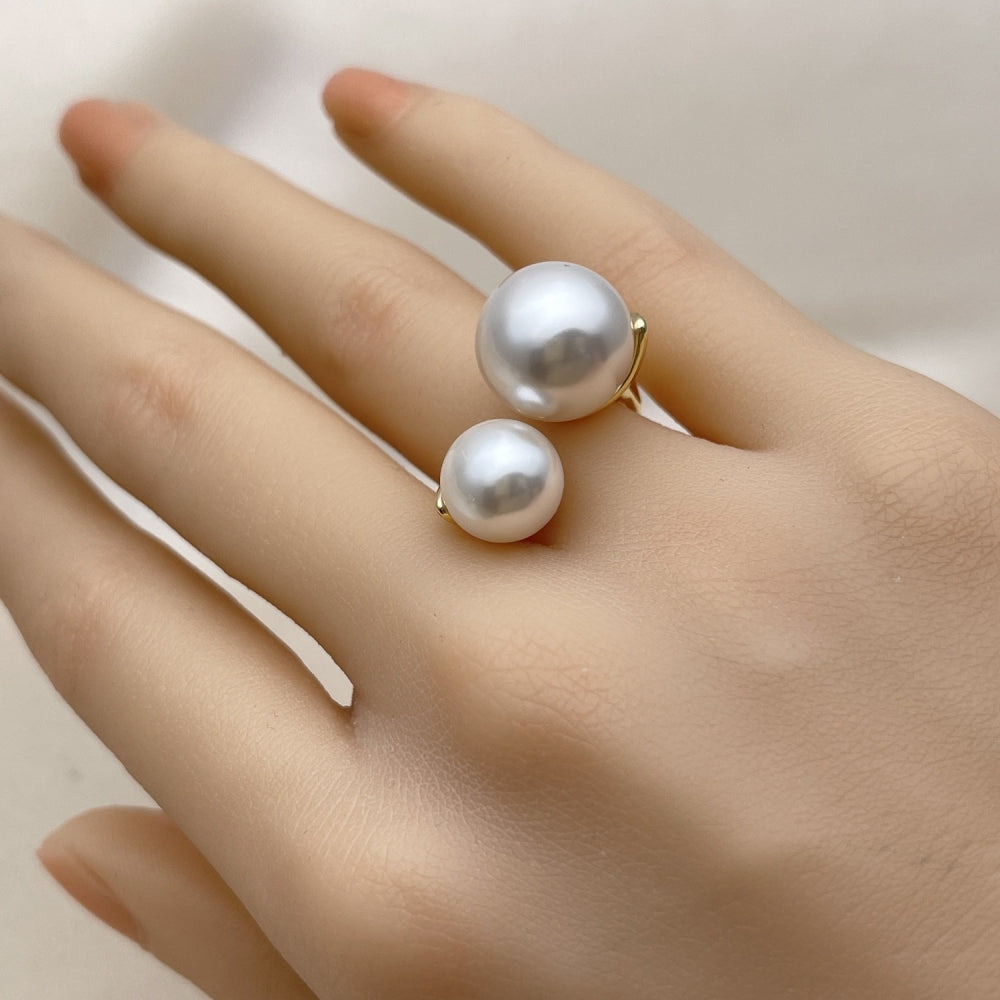Oro Laminado Multi Stone Ring, Gold Filled Style Ball Design, with Ivory Pearl, Polished, Golden Finish