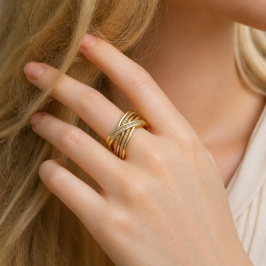 Oro Laminado Multi Stone Ring, Gold Filled Style Twist Design, with White Micro Pave, Polished, Golden Finish