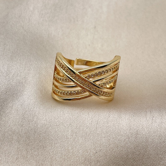 Oro Laminado Multi Stone Ring, Gold Filled Style Twist Design, with White Micro Pave, Polished, Golden Finish