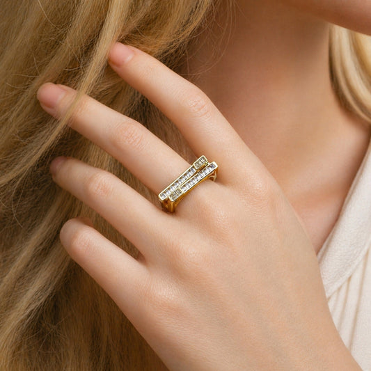 Oro Laminado Multi Stone Ring, Gold Filled Style Baguette Design, with White Cubic Zirconia and White Micro Pave, Polished, Golden Finish