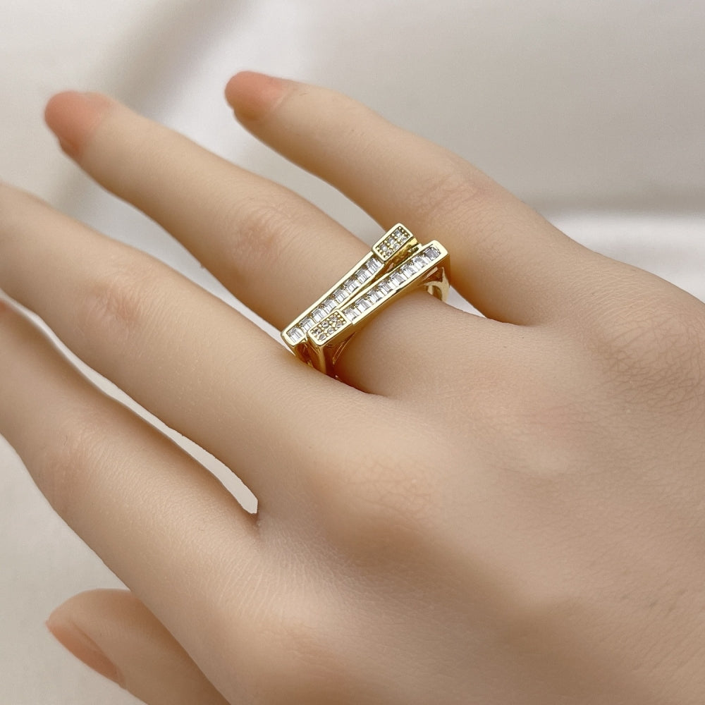 Oro Laminado Multi Stone Ring, Gold Filled Style Baguette Design, with White Cubic Zirconia and White Micro Pave, Polished, Golden Finish
