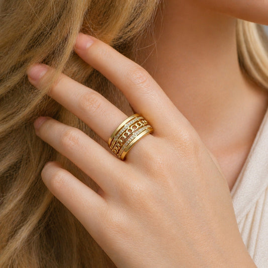 Oro Laminado Multi Stone Ring, Gold Filled Style Miami Cuban Design, with White Micro Pave, Polished, Golden Finish