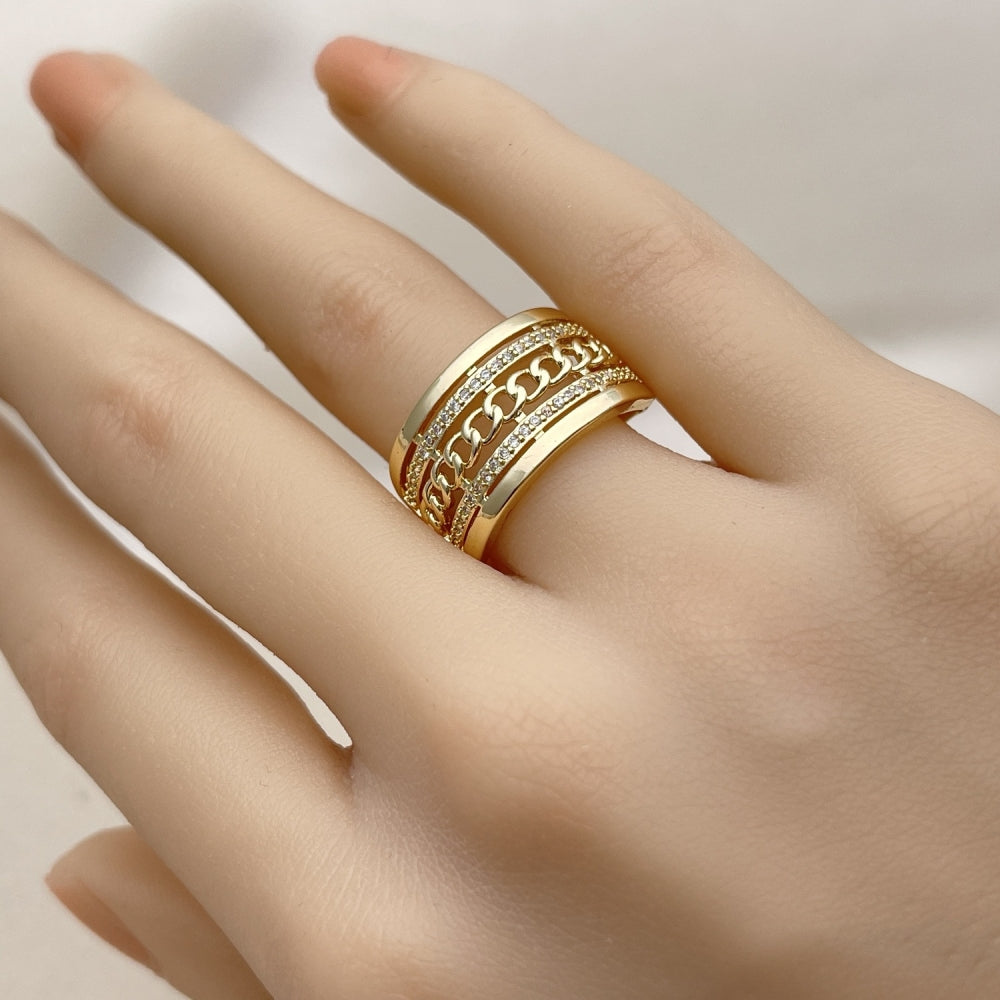 Oro Laminado Multi Stone Ring, Gold Filled Style Miami Cuban Design, with White Micro Pave, Polished, Golden Finish