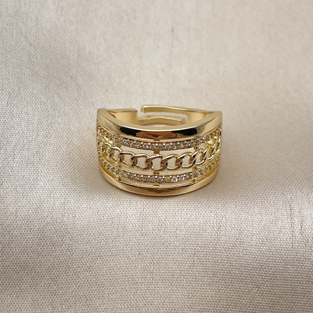 Oro Laminado Multi Stone Ring, Gold Filled Style Miami Cuban Design, with White Micro Pave, Polished, Golden Finish