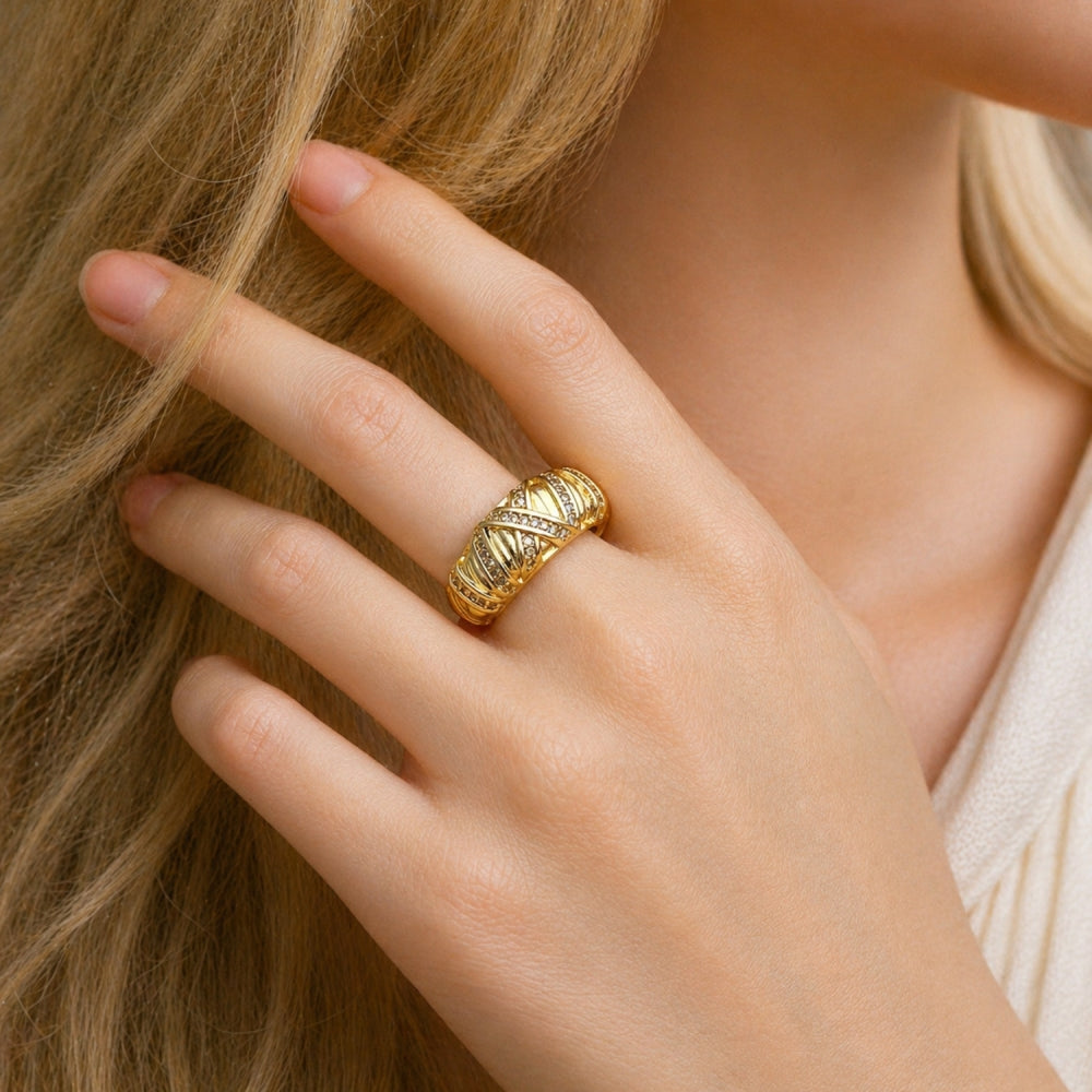 Oro Laminado Multi Stone Ring, Gold Filled Style with White Cubic Zirconia, Polished, Golden Finish