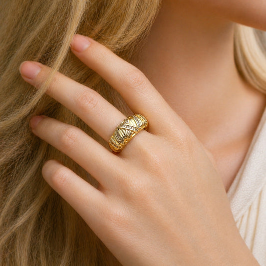Oro Laminado Multi Stone Ring, Gold Filled Style with White Cubic Zirconia, Polished, Golden Finish