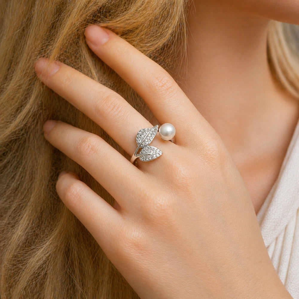 Rhodium Gold Filled Multi Stone Ring, Cherry Design, with Ivory Pearl and White Micro Pave, Polished, Rhodium Finish