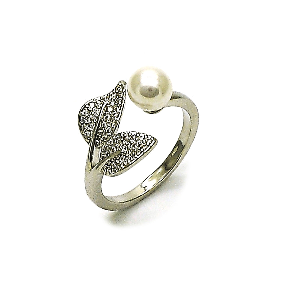 Rhodium Gold Filled Multi Stone Ring, Cherry Design, with Ivory Pearl and White Micro Pave, Polished, Rhodium Finish