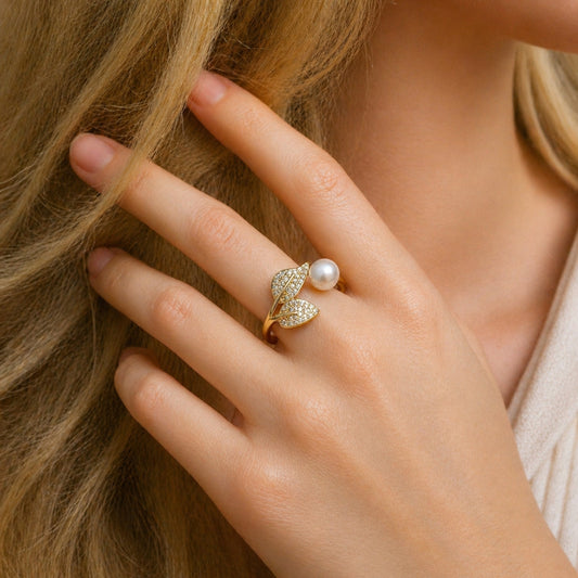 Oro Laminado Multi Stone Ring, Gold Filled Style Cherry Design, with Ivory Pearl and White Micro Pave, Polished, Golden Finish