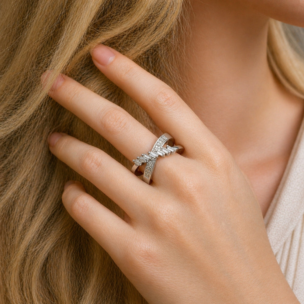 Rhodium Gold Filled Multi Stone Ring, Baguette Design, with White Cubic Zirconia and White Micro Pave, Polished, Rhodium Finish