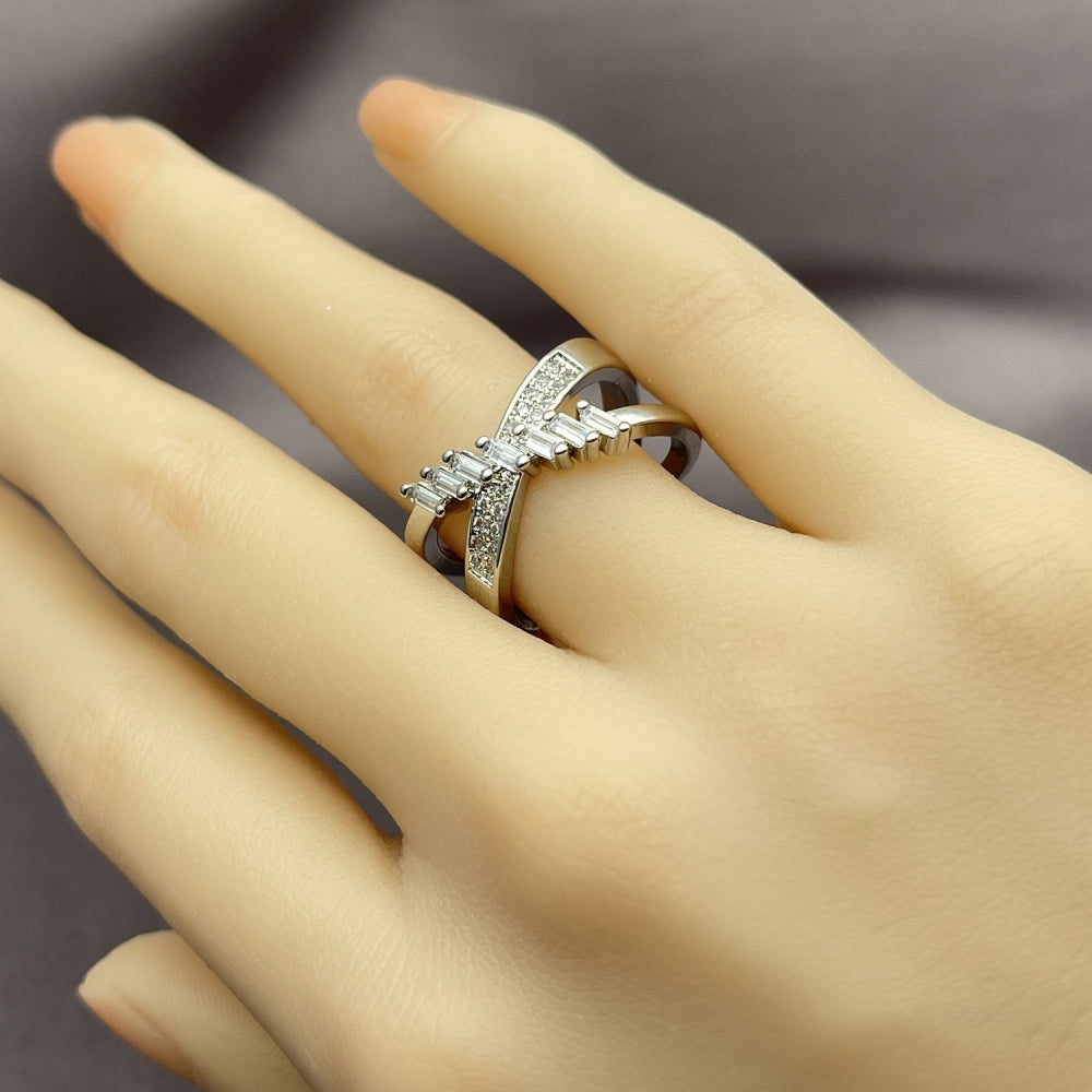 White Gold Filled Multi Stone Ring, Baguette Design, with White Cubic Zirconia and White Micro Pave, Polished, Rhodium Finish