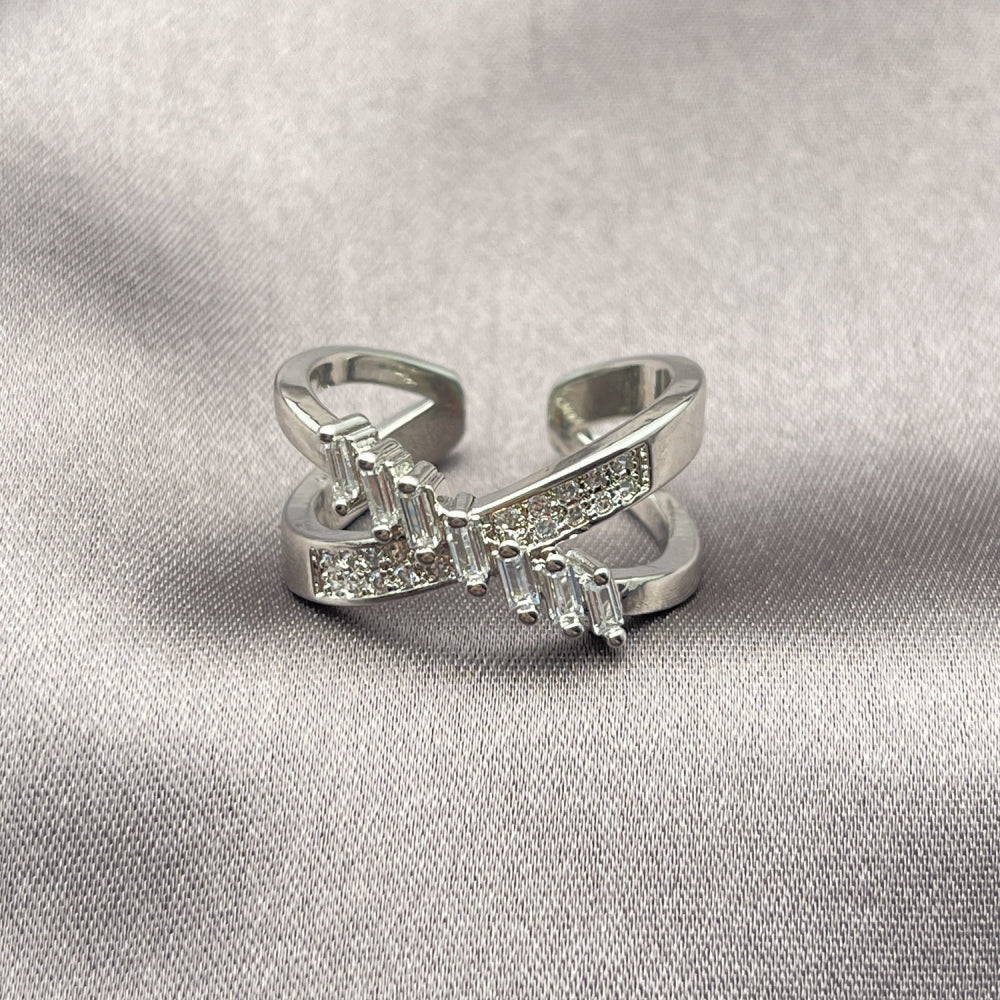 White Gold Filled Multi Stone Ring, Baguette Design, with White Cubic Zirconia and White Micro Pave, Polished, Rhodium Finish
